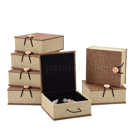 長方形の木製ブレスレットボックス  黄麻布とベルベットと  キャメル  10.4x10x5.2cm OBOX-N013-01-1