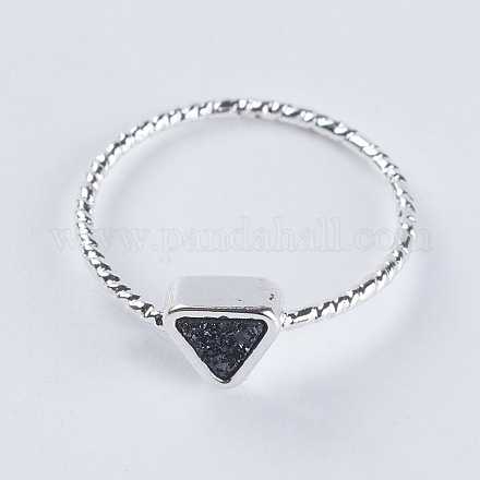 天然石ドゥルージー瑪瑙指輪  真鍮パーツ  三角形  銀色のメッキ  ヘマタイトメッキ  usサイズ4 1/4(15mm) RJEW-E147-D-03S-1