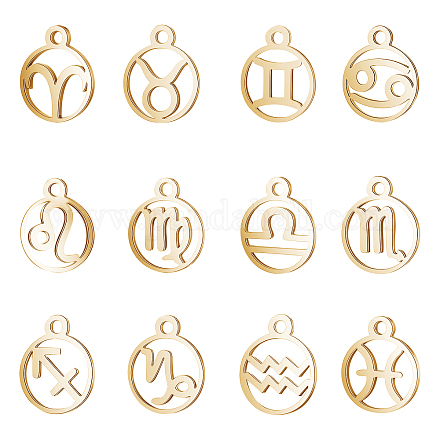 UNICRAFTALE 12pcs Ring with Zodiac Sign Charm Hypoallergenic Dangle Pendants Stainless Steel Charms Golden Hollow Manual Polishing Pendant Charms Connectors for Jewelry Making 1.6mm Hole STAS-UN0008-45G-1