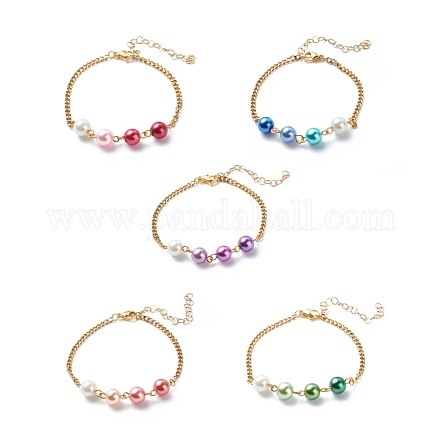 Pulsera de eslabones de perlas de vidrio con 304 cadena de eslabones de acero inoxidable para mujer BJEW-JB08708-1