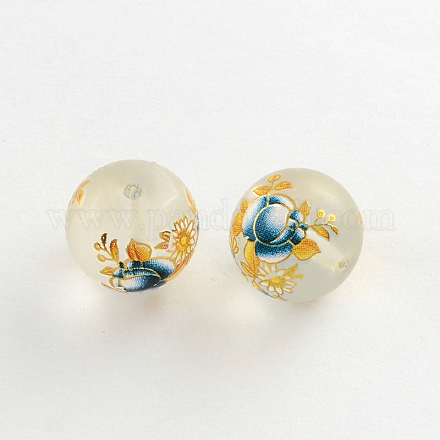 Flower Picture Frosted Transparent Glass Round Beads GFB-R004-14mm-H16-1