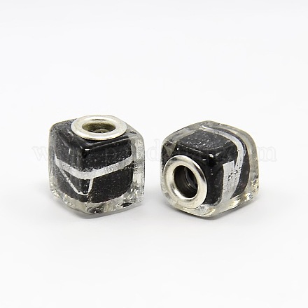 14mm Handmade Black Lampwork European Beads with Platinum Color Brass Core X-PDL030Y-1-1