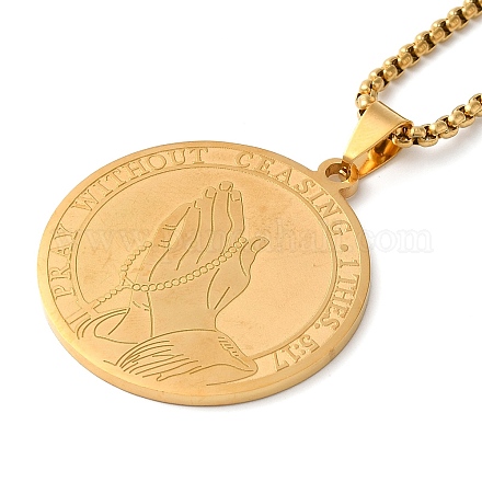 Плоские круглые подвески с молящимися руками из нержавеющей стали 201 для женщин и мужчин NJEW-F324-06G-1