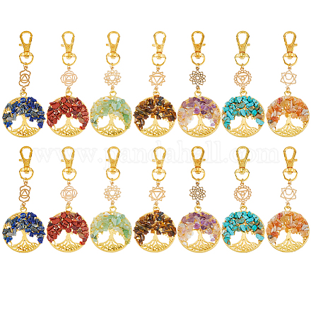 14 шт. 7 цвета чакра натуральные и синтетические драгоценные камни бусины и сплав древо жизни подвеска украшения HJEW-FH00151-1