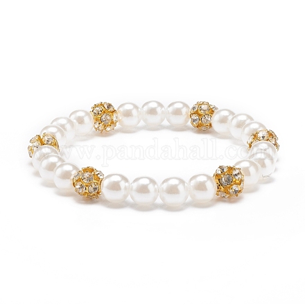 Bracelet extensible en perles rondes en laiton et perles en plastique ABS avec strass transparents pour femme BJEW-JB08523-01-1