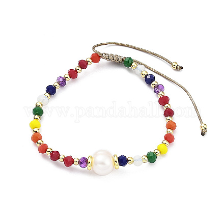 Bracciale da donna regolabile con perle intrecciate in perle naturali e vetro e ottone BJEW-O187-05-1