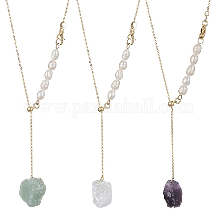Natural Mixed Gemstone Nugget Pendant Lariat Necklace with Pearl Beaded NJEW-JN04508-1