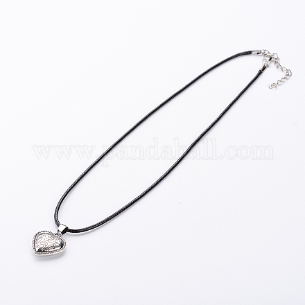 Antique Silver Alloy Heart Waxed Cord Pendant Necklaces NJEW-O087-04-1
