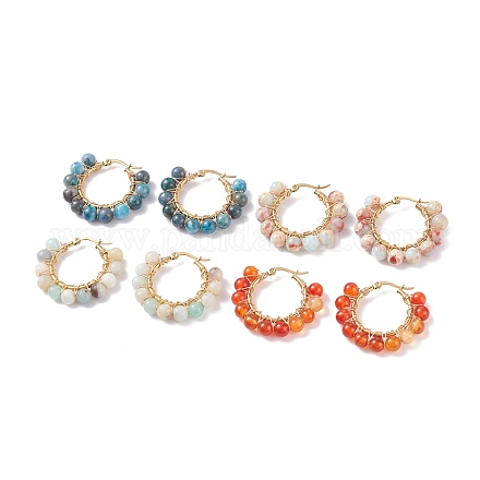 4Pairls 4 Colors Gemstone Beaded Big Hoop Earrings EJEW-TA00048-1