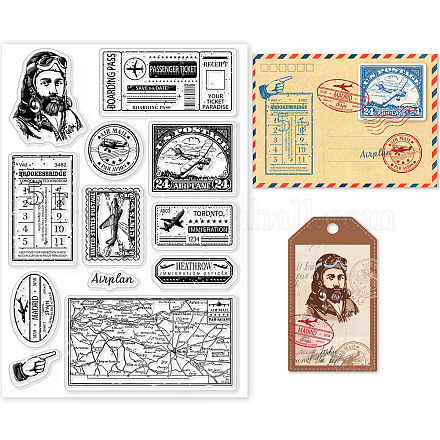 GLOBLELAND Vintage Postage Stamp Clear Stamps for DIY Scrapbooking Decor Aircraft Pilot Transparent Silicone Stamps for Making Cards Photo Album Decor DIY-WH0167-57-0309-1