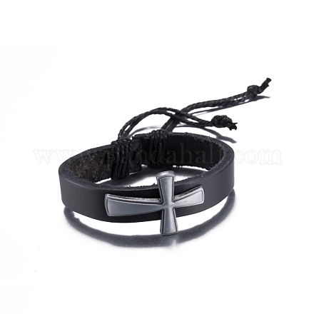 Adjustable Retro Cross Zinc Alloy and Leather Cord Bracelets BJEW-BB16038-1