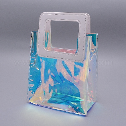 PVCレーザー透明バッグ  トートバッグ  puレザーハンドル付き  ギフトまたはプレゼント用パッケージ  長方形  ホワイト  完成品：25.5x18x10cm ABAG-WH0005-34A-03-1