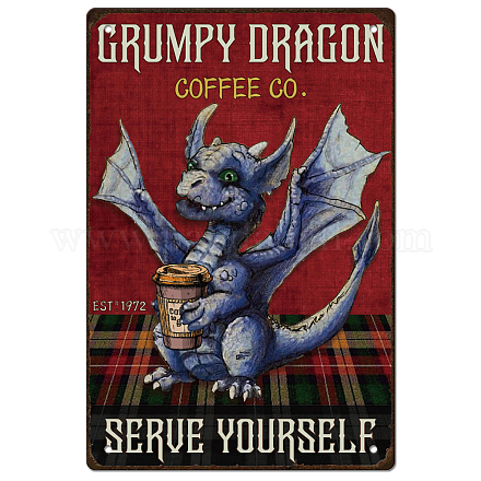 Superdant Metall-Blechschild „Grumpy Dragon Coffee“ AJEW-WH0189-152-1