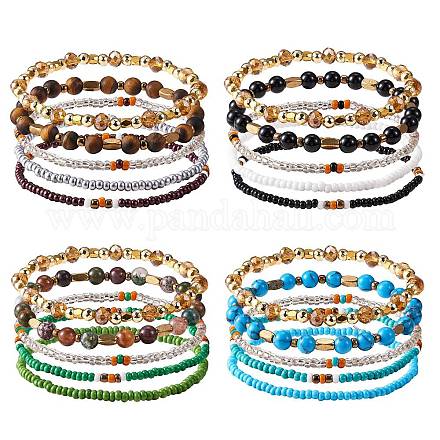 4 lot de 4 bracelets extensibles en perles mélangées avec pierres précieuses. BJEW-SZ0002-35-1