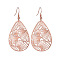 Brass Dangle Earrings, Teardrop with Ginkgo Leaf Pattern, Rose Gold, 58x38mm