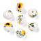 10Pcs Handmade Porcelain Beads, Round with Sunflower Pattern, White, 12mm, Hole: 2mm