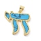 Brass Pendants, Chai Charm, with Resin, Cadmium Free & Lead Free, Rack Plating, Long-Lasting Plated, Real 18K Gold Plated, Deep Sky Blue, 20x20x2.5mm, Hole: 5x4mm