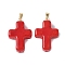 Handmade Lampwork with Brass Pendants, Cross, Red, 29.5x19.5x7.5mm, Hole: 3.5x4.5mm