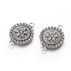 Connettori per collegamenti in lega, con rhinestone di cristallo, schiena piatta con fiore, argento antico, 31x21x4mm, Foro: 3 mm