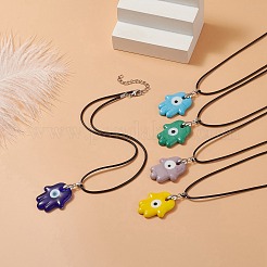 手作りのランプワークハンムサ手、ナザールボンジュウのペンダントネックレス  女性用の鉄製ロブスタークロークラスプとチェーンエクステンダー付きワックスコードチョーカーネックレス  ミックスカラー  16-7/8インチ（43cm）&nbsp;NJEW-JN04222