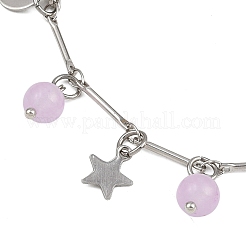 Chaîne de cheville ronde en acier inoxydable 201 avec pendentif en forme d'étoile de lune et de jade malaisien teinté naturel&nbsp;AJEW-AN00732-01