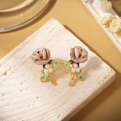 Серьги-гвоздики из латуни с цветком и искусственным жемчугом&nbsp;FS-WG24618-01