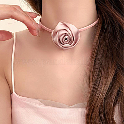 1pc stoff französisch rose blume anhänger pu leder halsband frauen halsketten&nbsp;NJEW-CL0001-06C