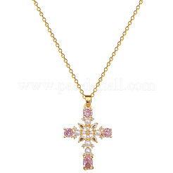 Collana con ciondolo a croce da donna in acciaio inossidabile 304 con pavé di zirconi rosa e perle finte.&nbsp;WGAE7D3-01