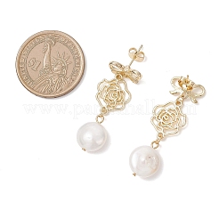 Серьги-гвоздики с цветком из натурального жемчуга кеши и бантом EJEW-JE06726