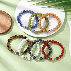7個7色の天然混合宝石ストレッチブレスレットセット  男性と女性のための象の合金ブレスレット  内径：2-1/8インチ（5.3cm）  1pc /カラー&nbsp;BJEW-JB10996