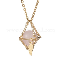 Женские ожерелья с подвесками из нержавеющей стали 304 и латунным мешочком-макраме из натурального розового кварца внутри&nbsp;NJEW-JN05607-02