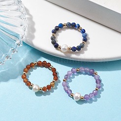 3 шт. натуральный лазурит/гранат/аметист с пластиковой жемчужиной и стеклянными плетеными бусинами кольца на палец RJEW-JR00671
