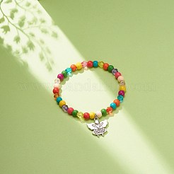 Bracciale elasticizzato con perline acriliche e turchese sintetico (tinto) con ciondolo in lega da donna&nbsp;BJEW-JB08627-03