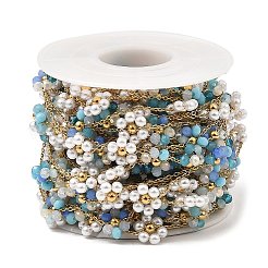 Цепочки с цветочными звеньями из стекла и АБС-пластика с жемчужными бусинами CHS-G028-08G-03