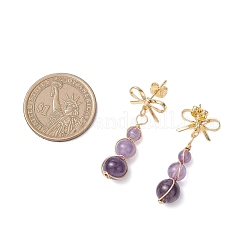 天然アメジストの蝶結びと丸いダングルスタッドピアス  真鍮製のピアスパーツ  ゴールドカラー  37.5x14.5mm&nbsp;EJEW-JE06780-02
