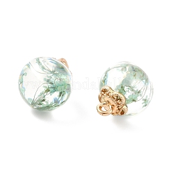 ガラスドライフラワービッグサイズペンダント  合金パーツ  ラウンド  ライトゴールド  薄緑  21x16mm  穴：2mm&nbsp;GLAA-P050-01KCG-10