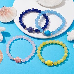 Bracelets extensibles en perles de porcelaine de jade et de tortue de mer naturelles teintes pour femmes&nbsp;BJEW-JB09994