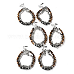 Браслеты из двухрядной цепочки из нержавеющей стали 304 с круглыми бусинами из натурального тигрового глаза и обсидиана BJEW-C119-02