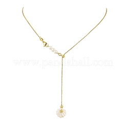 Collares tipo lariat de latón con perlas naturales y cadena tipo caja para la playa de verano&nbsp;NJEW-JN06595
