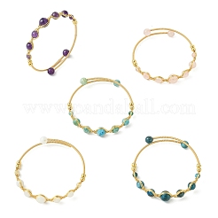 Bracelets manchettes en laiton ornés de pierres précieuses naturelles mélangées et enroulés de fil métallique à chevrons&nbsp;BJEW-JB14039