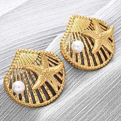 Серьги-гвоздики в форме ракушки с морской звездой из нержавеющей стали 304 с пластиковым имитацией жемчуга&nbsp;EJEW-Z109-04G