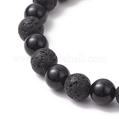 Браслеты из круглых бусин из натуральной лавы и черного оникса&nbsp;BJEW-TA00681