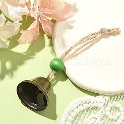 鉄の鐘の吊り飾り  家のドアの壁の装飾用の木製の丸いビーズとジュートコード  グリーン  100mm&nbsp;HJEW-JM02417-03