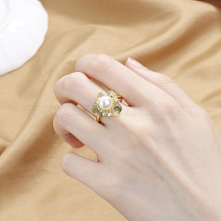 Verstellbare Fingerringe aus Messing mit Mikropavé-Fassung aus Zirkonia und Imitationsperlen für Damen&nbsp;WGEE515-02