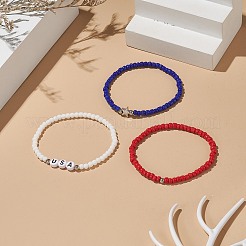 3 個 3 スタイル独立記念日ガラスビーズストレッチブレスレットセット  Word USA アクリル & アロイ スター スタッカブル ブレスレット 女性用  ミックスカラー  内径：2-1/8インチ（5.5cm）  1個/スタイル&nbsp;BJEW-TA00227