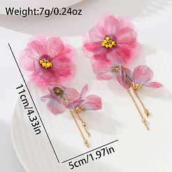 合金ガラスのスタッドのピアス  花  女性用布製ぶら下がりピアス  濃いピンク  110x50mm&nbsp;WG4C6C8-01