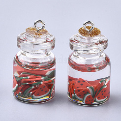ガラスボトルペンダント  樹脂とポリマーの粘土と鉄のパーツ  スイカ  プラチナ  ライトサーモン  28~29x15mm  穴：2mm&nbsp;GLAA-T001-04E