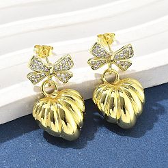 Серьги-гвоздики с бантом из латуни с микропаве из прозрачных кубических цирконий для женщин EJEW-U057-03G