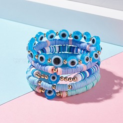 5個5スタイルポリマークレイヘイシビーズストレッチブレスレットセット  女性のためのナザールボンジュウのプレッピーブレスレット  ブルー  内径：2-1/4インチ（5.8cm）&nbsp;BJEW-JB07540-02