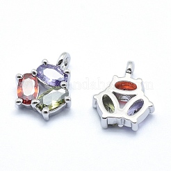 真鍮製チャーム  キュービックジルコニア付き  カドミウムフリー＆ニッケルフリー＆鉛フリー  花  ミックスカラー  プラチナメッキ  11x9x3mm  穴：2mm&nbsp;ZIRC-J040-38P-01-NR